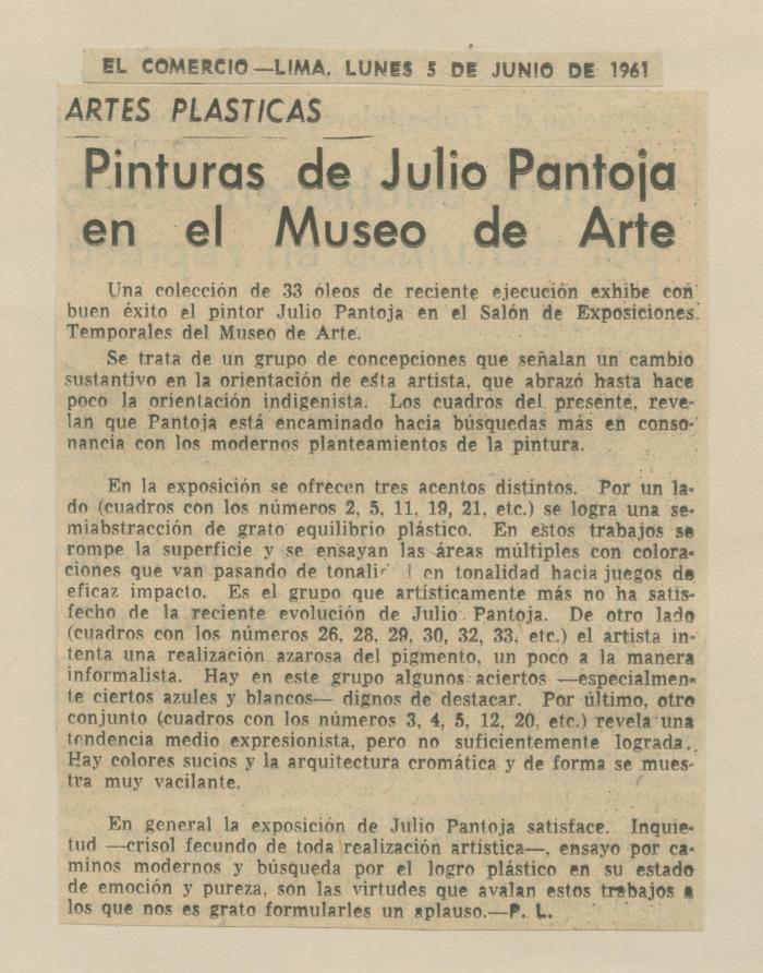 "Pinturas de Julio Pantoja en el Museo de Arte"