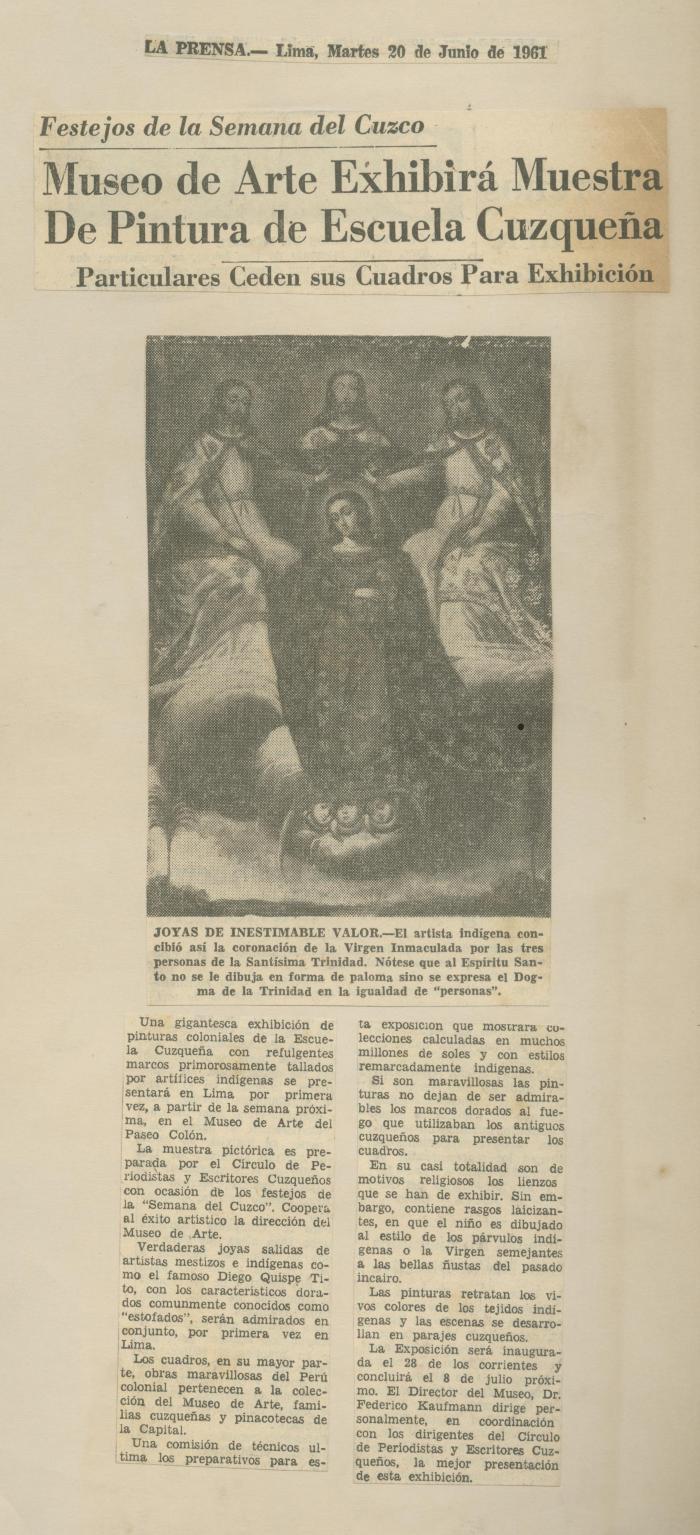 "Museo de Arte exhibirá muestra de pintura de Escuela Cuzqueña"