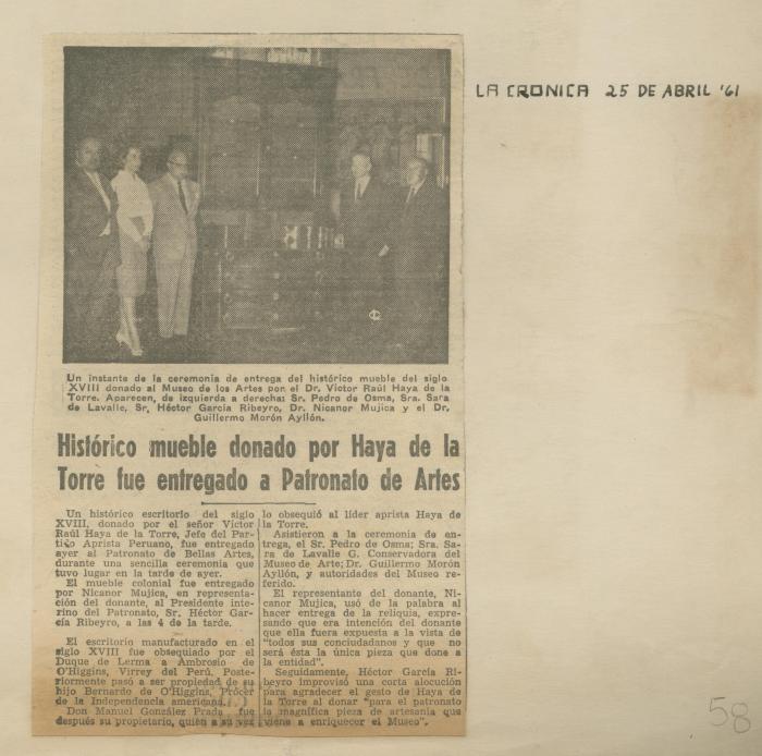 "Histórico mueblre donado por Haya de la Torre fue entregado a Patronato de Artes"