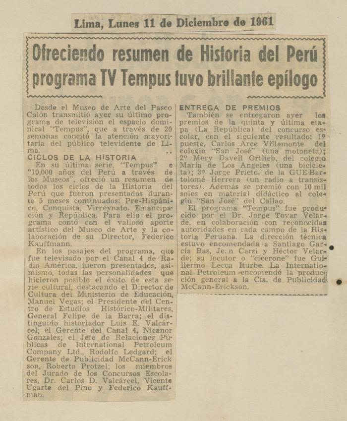"Ofreciendo resumen de Historia del Perú programa TV Tempus tuvo brillante epílogo"