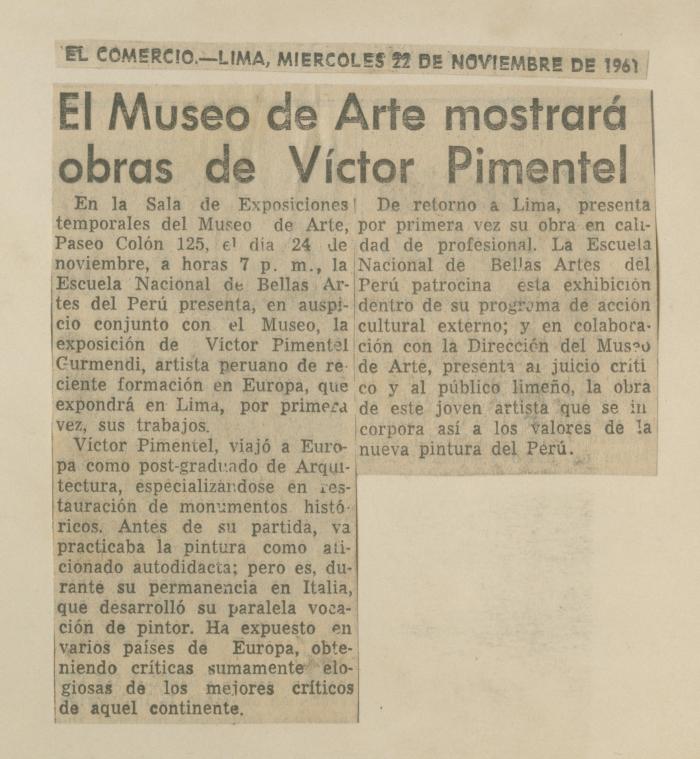 "El Museo de Arte mostrarà obras de Vìctor Pimentel"
