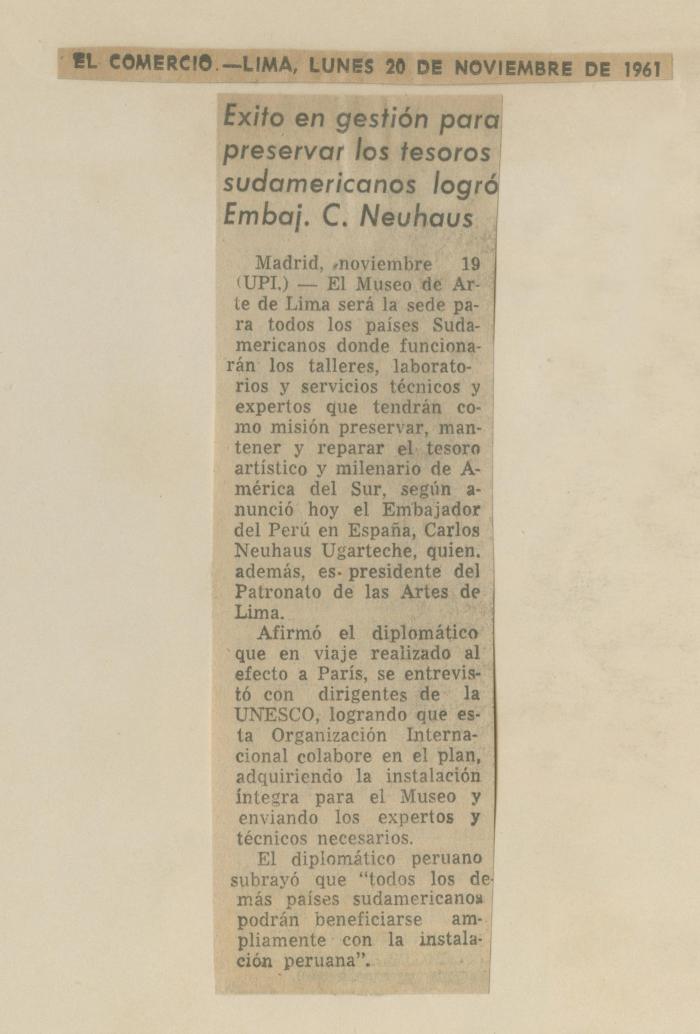 "Éxito en gestión para preservar los tesoros sudamericanos logró Embaj. C. Neuhaus"