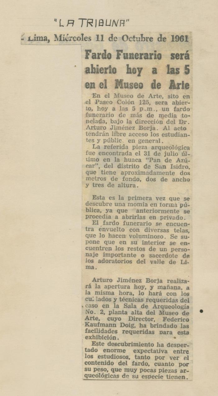 "Fardo funerario será abierto hoy a las 5 en el Museo de Arte"