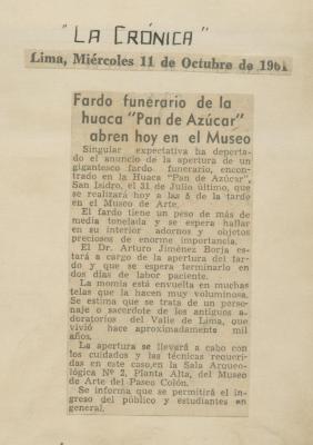 "Fardo funerario de la huaca 'Pan de Azúcar' abren hoy en el Museo"