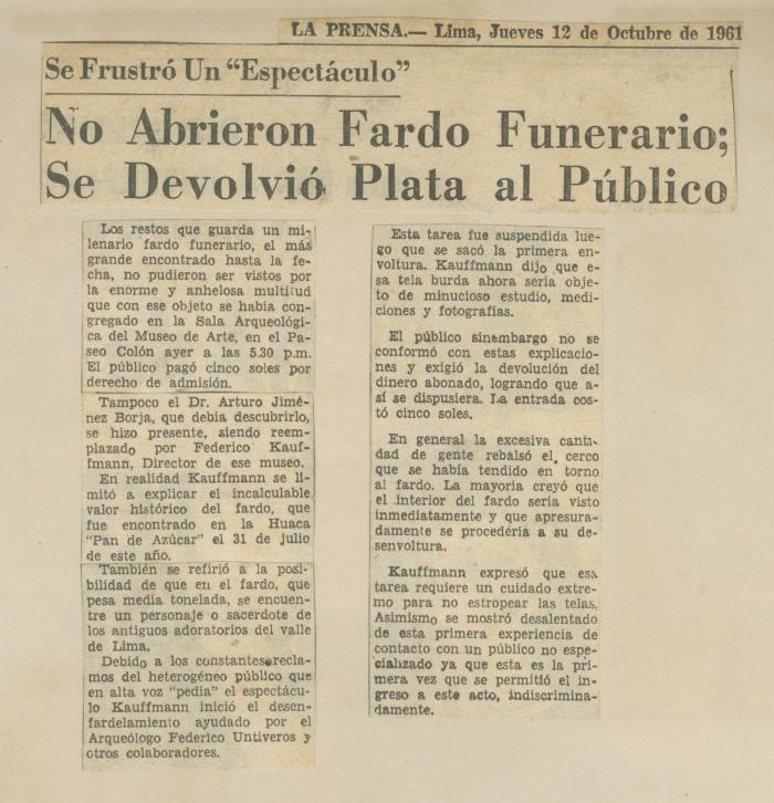 Se Frustró Un 'Espectáculo': No Abrieron Fardo Funerario; Se Devolvió Plata al Público"