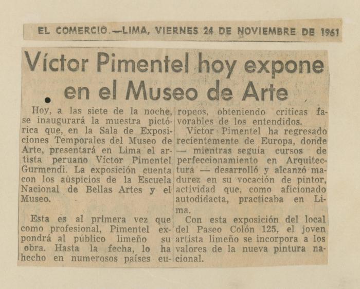 "Víctor Pimentel hoy expone en el Museo de Arte"