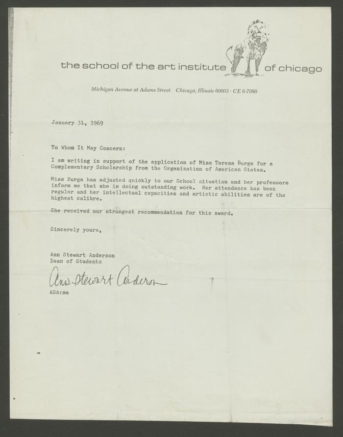 Carta de recomendación del School of Art Institute of Chicago