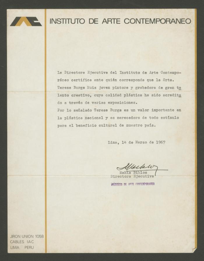 Carta de recomendación del IAC a Teresa Burga