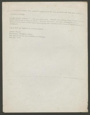 ""Recomendations from the Faculty and Staff of the School of the Art Institut""
