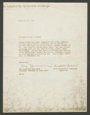 Carta de recomendación del School of Art Institute of Chicago