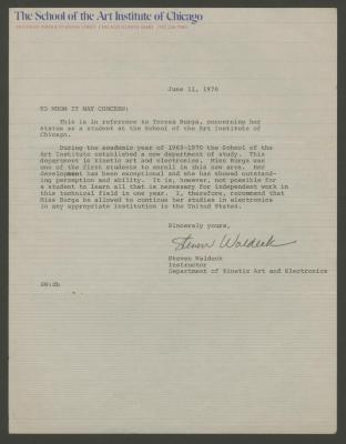 Carta de recomendación del School of Art Institute of Chicago