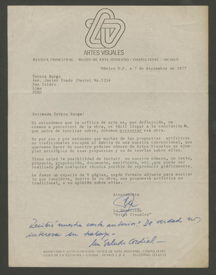 Carta de la Dirección de Artes Visuales de la Revista del Museo de Arte Moderno de Chapultepec