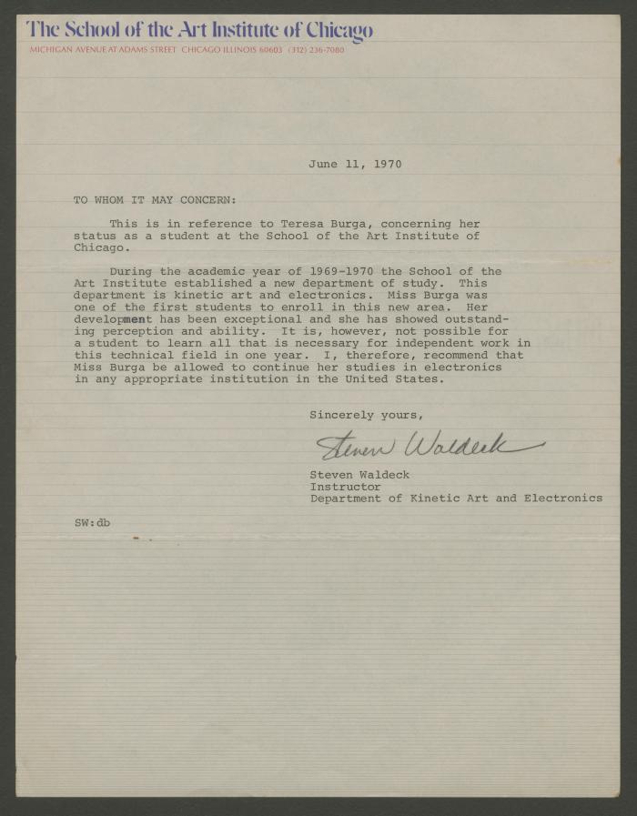 Carta de recomendación del School of Art Institute of Chicago