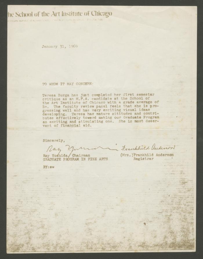 Carta de recomendación del School of Art Institute of Chicago