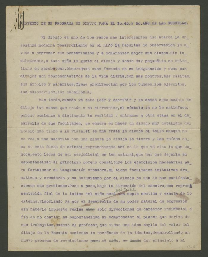 "Proyecto de un programa de dibujo para el 3°, 4° y 5° año de las escuelas"