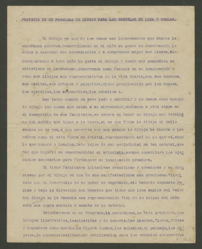 "Proyecto de un programa de dibujo para las escuelas de Lima y Callao"