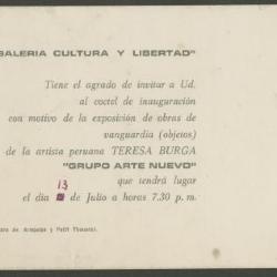Invitación de la exposición ""Objetos"" en la galería ""Cultura y Libertad""