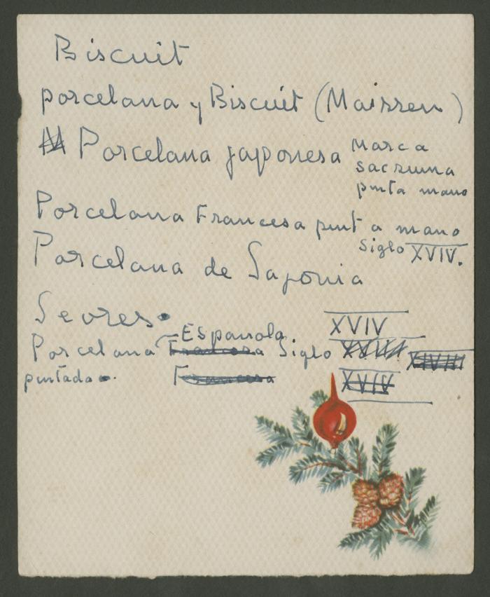 Una nota y tres tarjetas con notas manuscritas por Elena Izcue