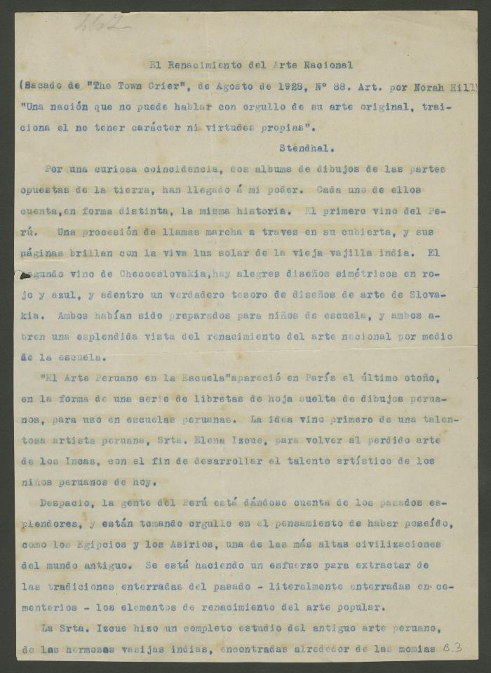 Artículo de Norah Hill. "El renacimiento del arte nacional"