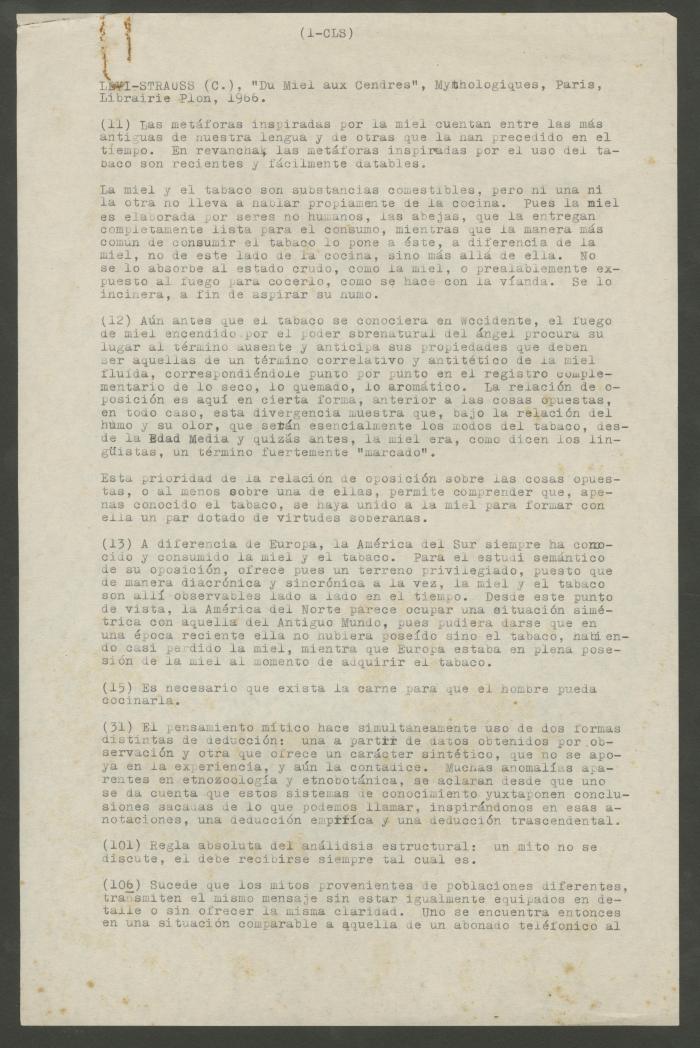 Notas y citas al libro 'Du Miel aux Cendres' de Lévi-Strauss