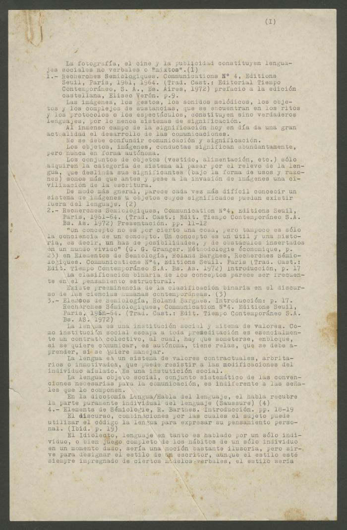 Notas a ""Recherches Sémiologiques, Comunication N° 4""