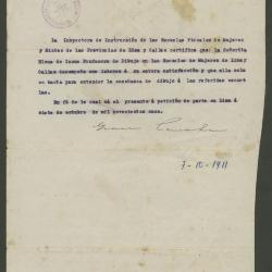 Certificado de la inspección de instrucción de las escuelas fiscales de mujeres de Lima y Callao