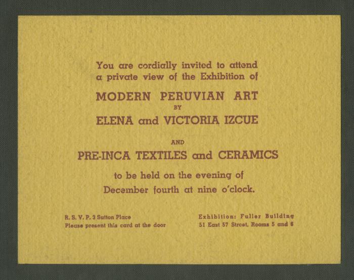 "Exhibition of 'Modern Peruvian Art' by Elena and Victoria Izcue and pre-Inca textiles and ceramics"