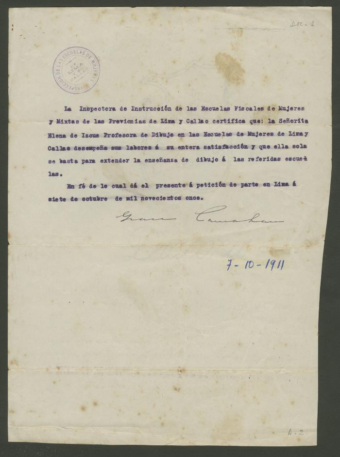 Certificado de la inspección de instrucción de las escuelas fiscales de mujeres de Lima y Callao