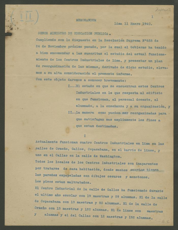 Memorándum al Ministro de Educación por Elena y Victoria Izcue