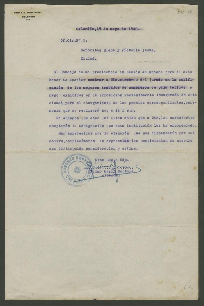 Of. Cir. N° 3 del Concejo Provincial Celendín a Elena y Victoria Izcue