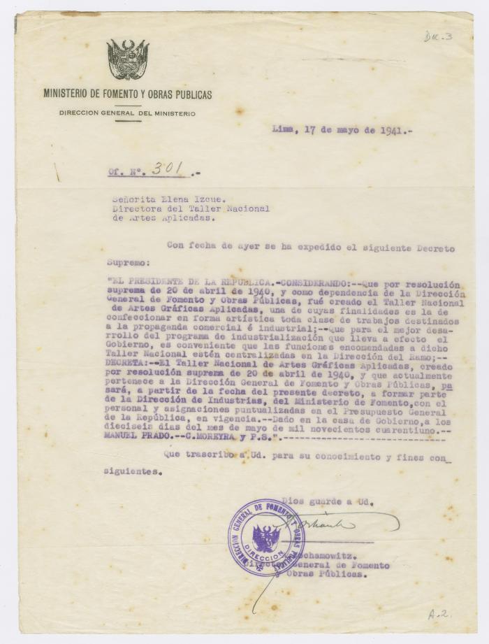 Oficio N° 301 del Ministerio de Fomento y Obras Públicas a Elena Izcue