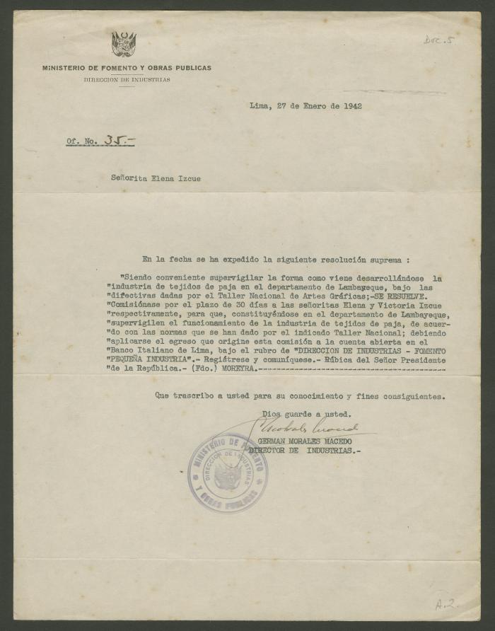 Oficio N° 35 del Ministerio de Fomento y Obras Públicas a Elena y Victoria Izcue