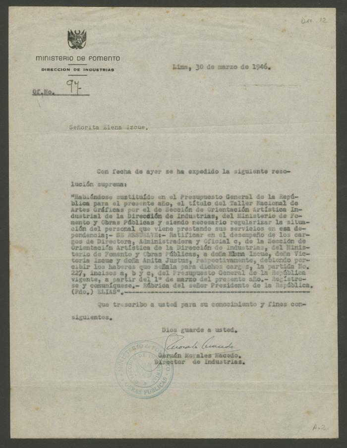 Oficio N° 97 del Ministerio de Fomento y Obras Públicas