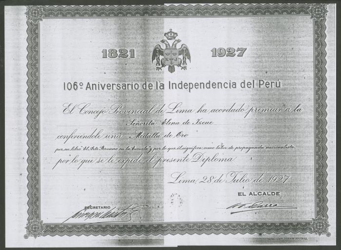 Fotocopia de diploma otorgado por el Consejo Provincial de Lima a Elena Izcue
