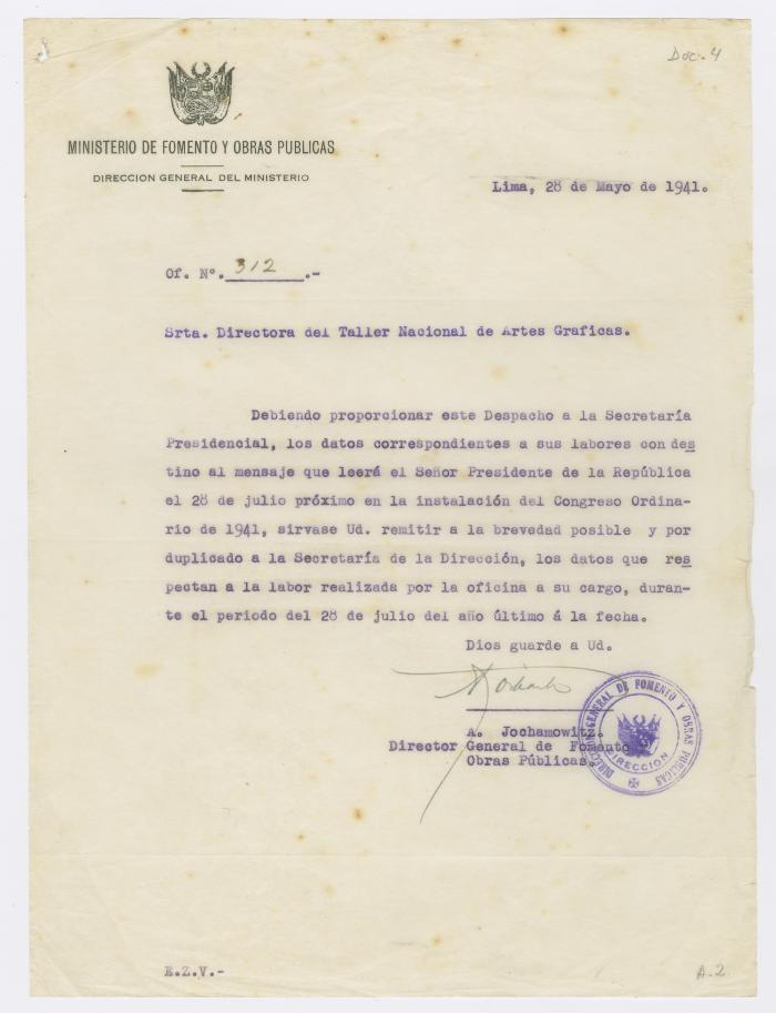 Oficio N° 312 del Ministerio de Fomento y Obras Públicas a Elena Izcue