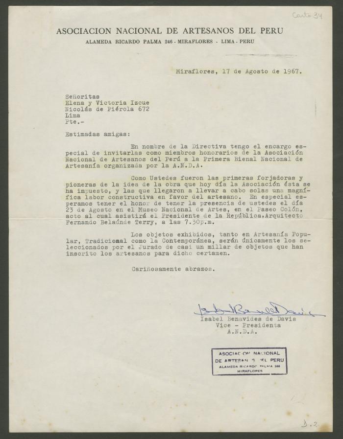 Carta de Isabel Benavides a Elena y Victoria Izcue