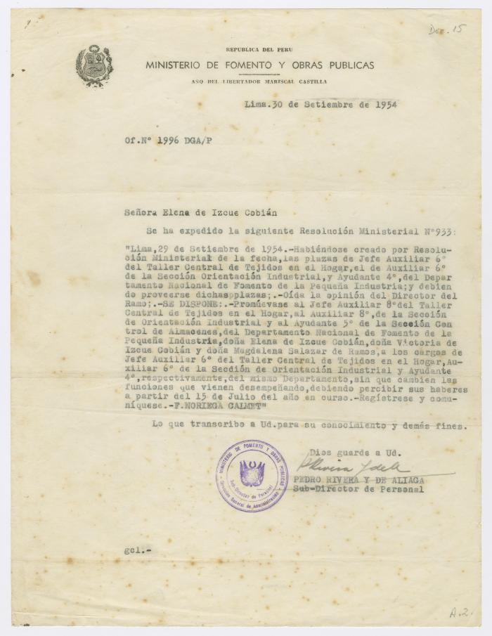 Oficio N° 1996 del Ministerio de Fomento y Obras Públicas
