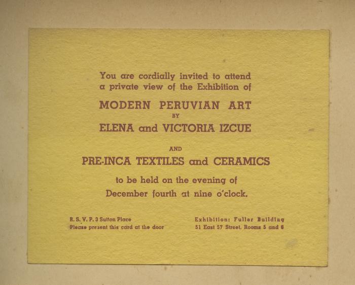"Exhibition of Modern Peruvian Art by Elena and Victoria Izcue and pre-Inca Textiles and Ceramics"