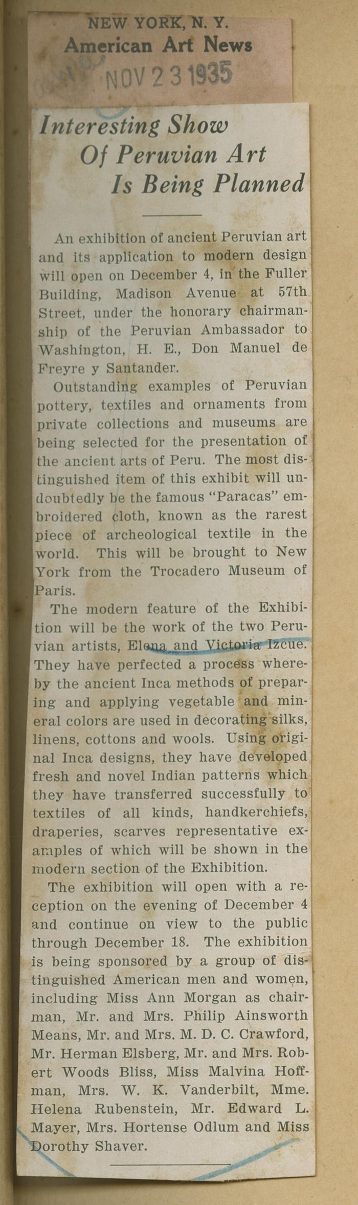 "Interesting Show of Peruvian Art is Being Planned"