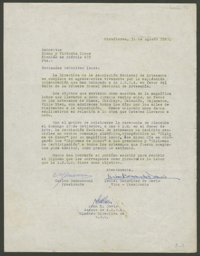Carta de Isabel Benavides a Elena y Victoria Izcue
