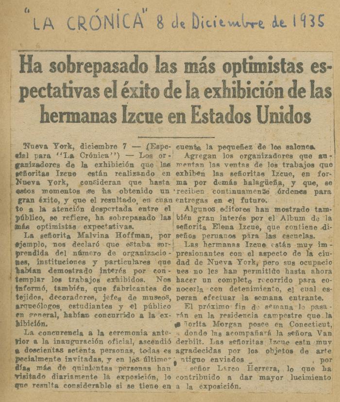 "Ha soprepasado las más optimistas expectativas el éxito de la exhibición de las hermanas Izcue en Estados Unidos"
