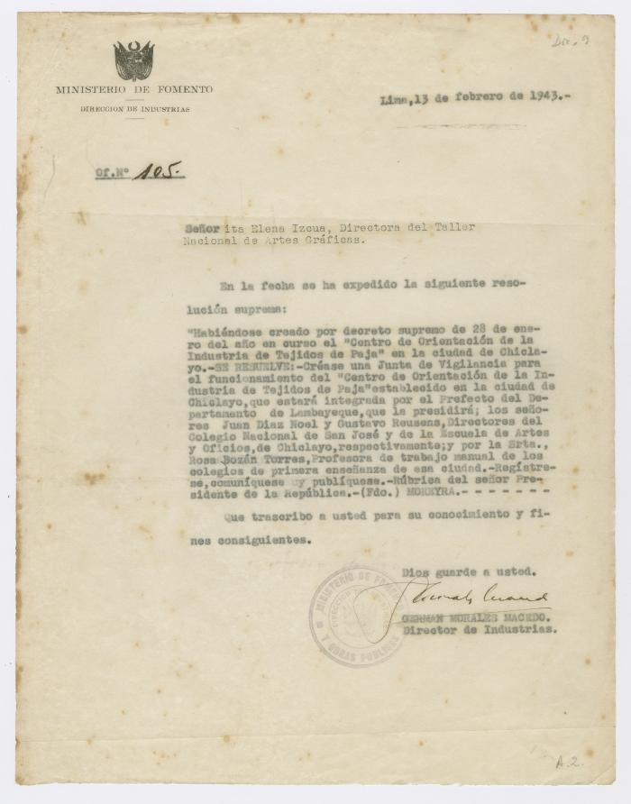 Oficio N° 103 del Ministerio de Fomento dirigido a Elena Izcue