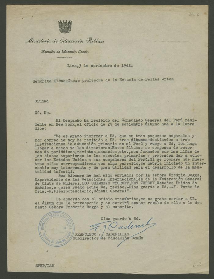 Oficio s/n. del Ministerio de Educación Pública a Elena Izcue