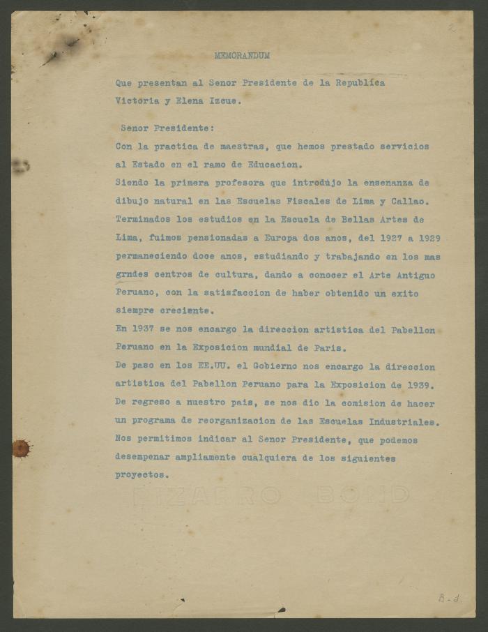 Carta de Elena y Victoria Izcue al Ministro de Educación