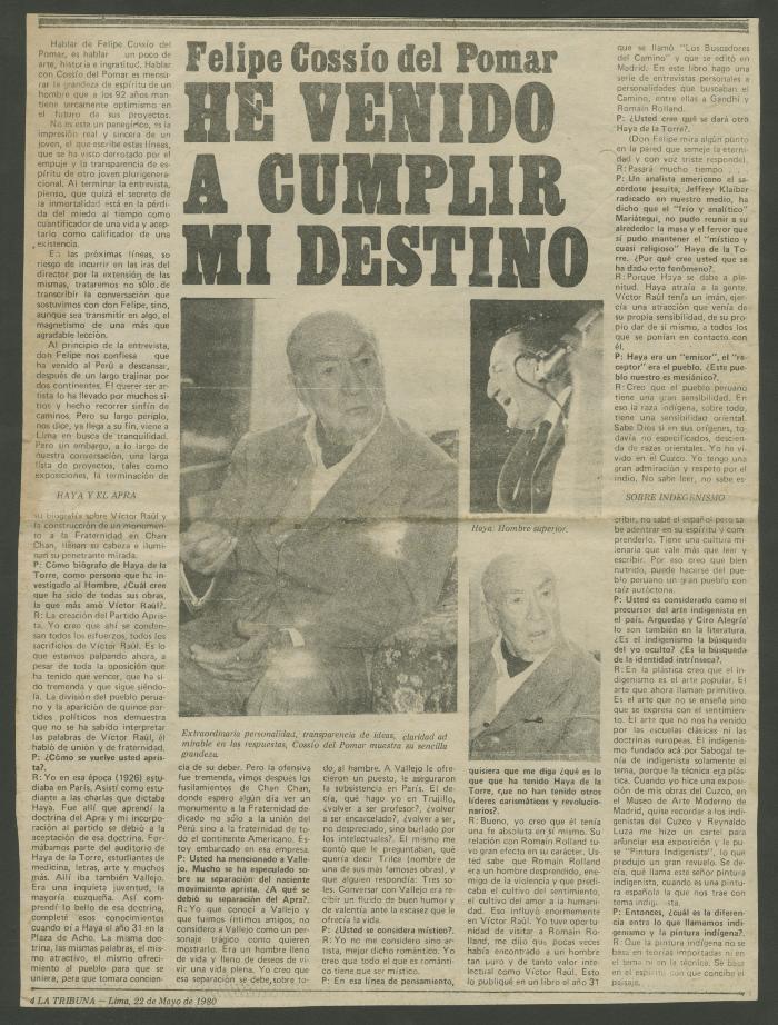 Recortes sobre Felipe Cossío del Pomar: "Los fusilamientos de Chan Chan"