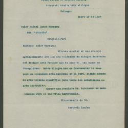 Carta del Field Museum of Natural History a Rafael Larco Herrera