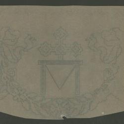 Diseño con motivos geométricos, cruz escalonada y letra "M".