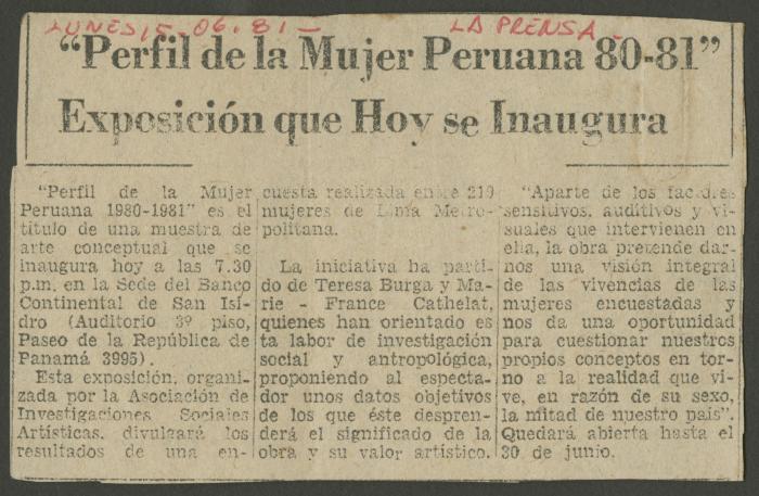 ""Perfil de la Mujer Peruana 80-81. Exposición que hoy se inaugura""