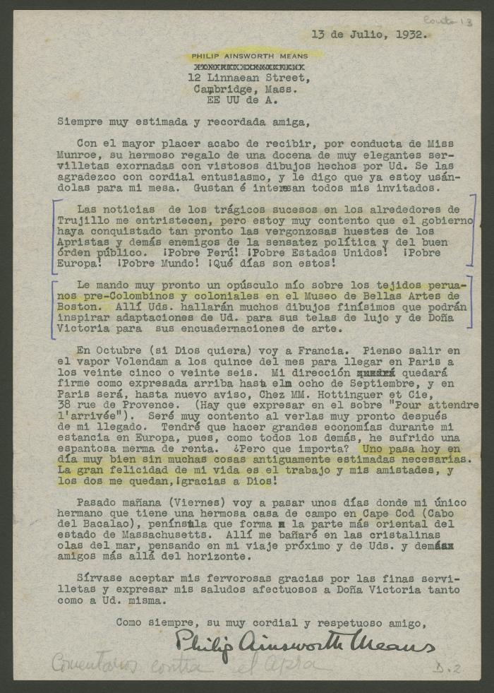 Carta de Philip Ainsworth Means a Elena Izcue