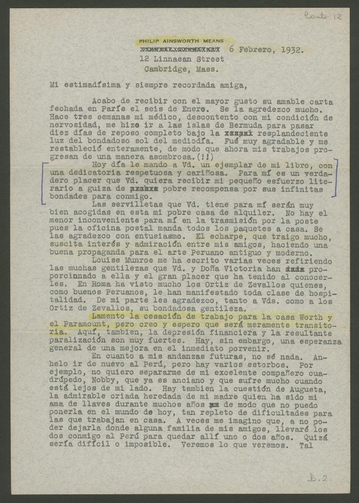 Carta de Philip Ainsworth Means a Elena Izcue